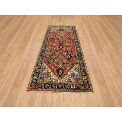 Heriz Wool Hand Knotted Rug Red Navy Blue 4.0X10.1 -O065463