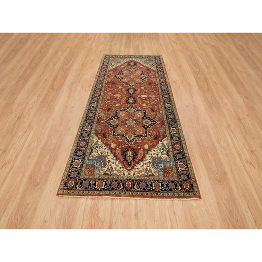 Heriz Wool Hand Knotted Rug Red Navy Blue 4.0X10.1 -O065463