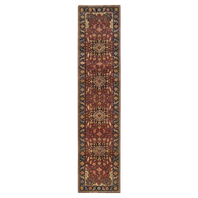 Heriz Wool Hand Knotted Rug Red Navy Blue 2.7X12.0 -O065473