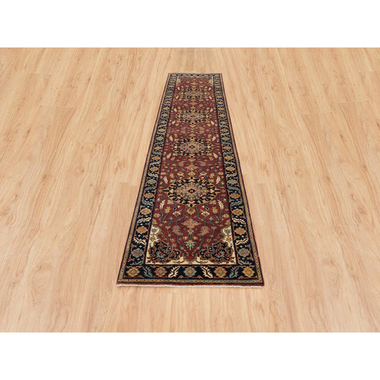 Heriz Wool Hand Knotted Rug Red Navy Blue 2.7X12.0 -O065473