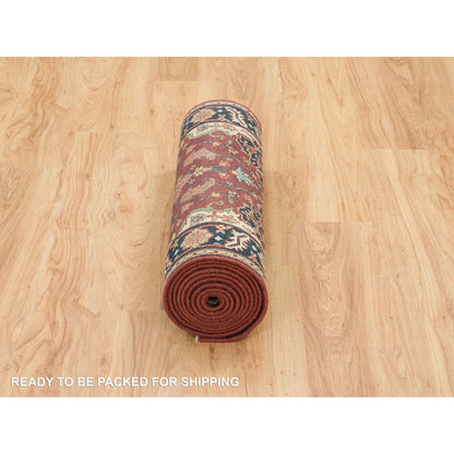 Heriz Wool Hand Knotted Rug Red Navy Blue 2.7X12.0 -O065473