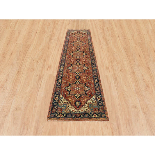 Heriz Wool Hand Knotted Rug Red Navy Blue 2.7X12.1 -O065482