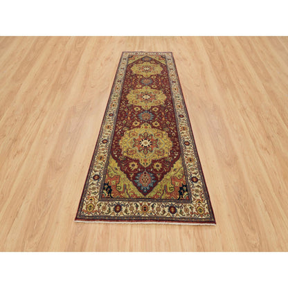 Heriz Wool Hand Knotted Rug Red Cream 3.10X12.1 -O065499