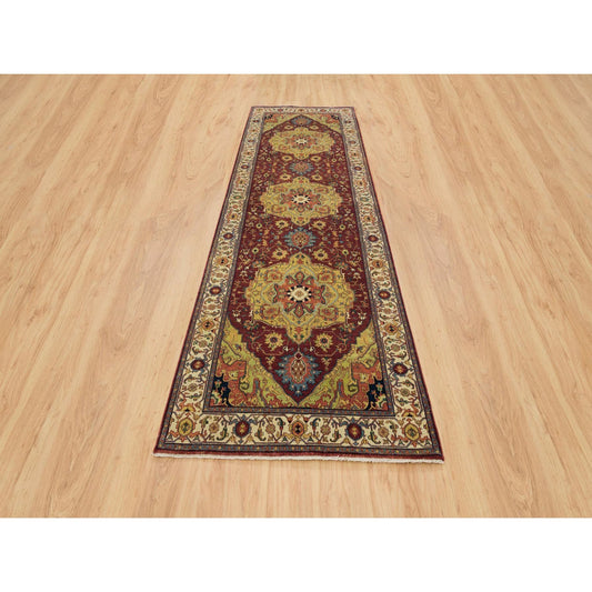 Heriz Wool Hand Knotted Rug Red Cream 3.10X12.1 -O065499