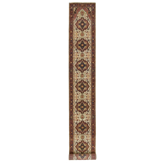 Heriz Wool Hand Knotted Rug Ivory Red 2.6X22.0 -O065505