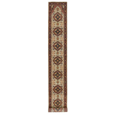 Heriz Wool Hand Knotted Rug Ivory Red 2.6X22.0 -O065505