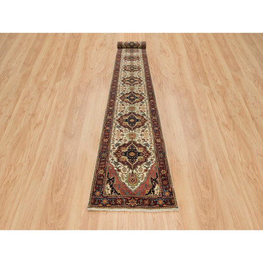 Heriz Wool Hand Knotted Rug Ivory Red 2.6X22.0 -O065505