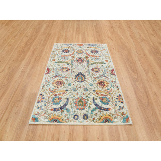 Transitional Wool & Silk Hand Knotted Rug Beige No Border 5.2X7.4 -O065550