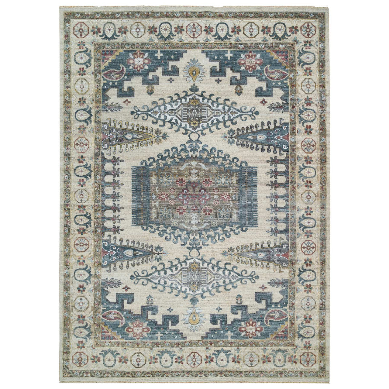 Tribal & Geometric Wool Hand Knotted Rug Ivory Ivory 10.0X14.0 -O065595