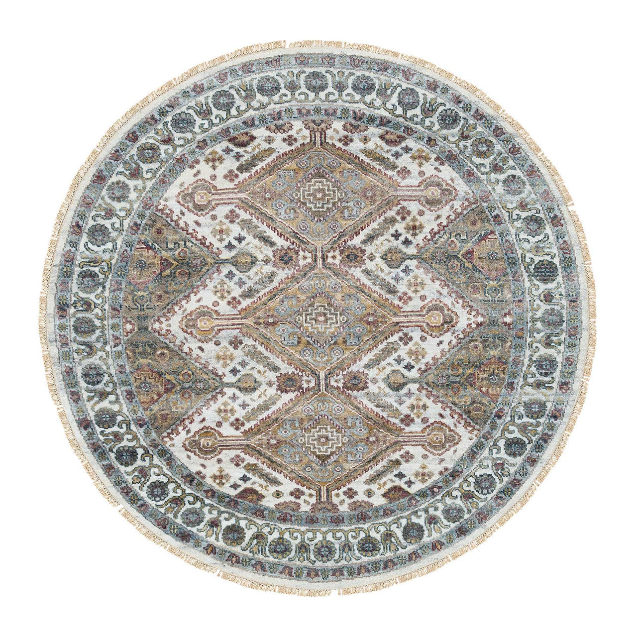 Ivory 5'10" x 5'10" Tribal & Geometric Hand knotted Wool Rug - Sku: O065615