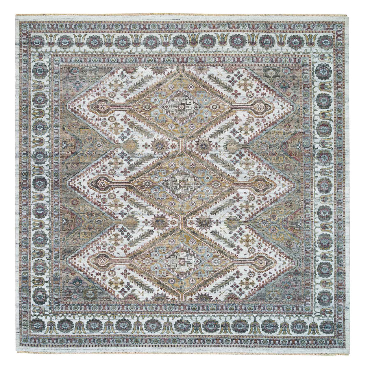 Ivory 9'10" x 10'0" Tribal & Geometric Hand knotted Wool Rug - Sku: O065618