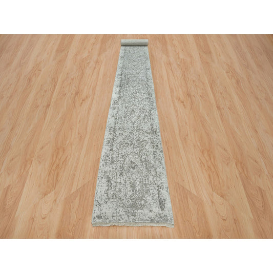 Transitional Wool & Silk Hand Knotted Rug Grey No Border 2.5X22.0 -O065628