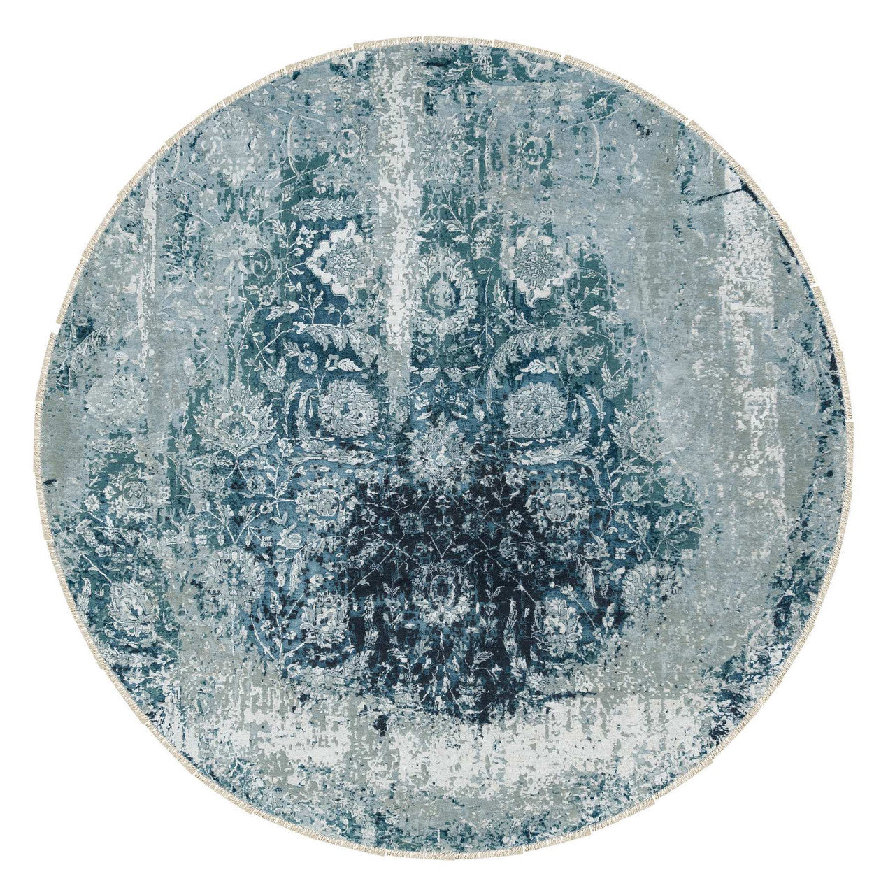 Blue 9'10" x 9'10" Transitional Hand knotted Wool/Silk Rug - Sku: O065630