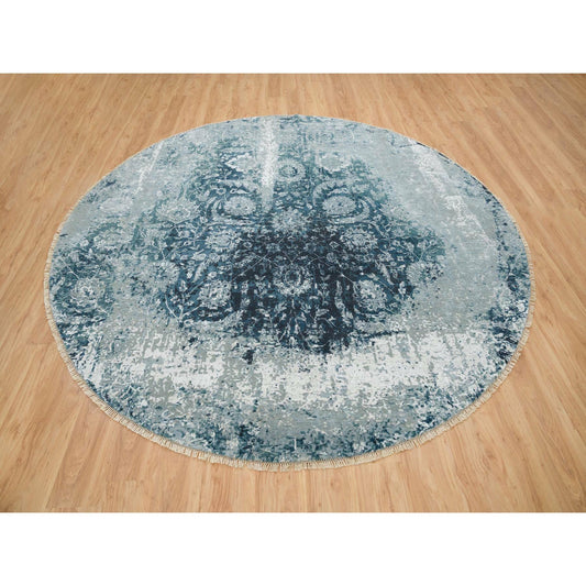 Transitional Wool & Silk Hand Knotted Rug Blue No Border 9.10X9.10 -O065630