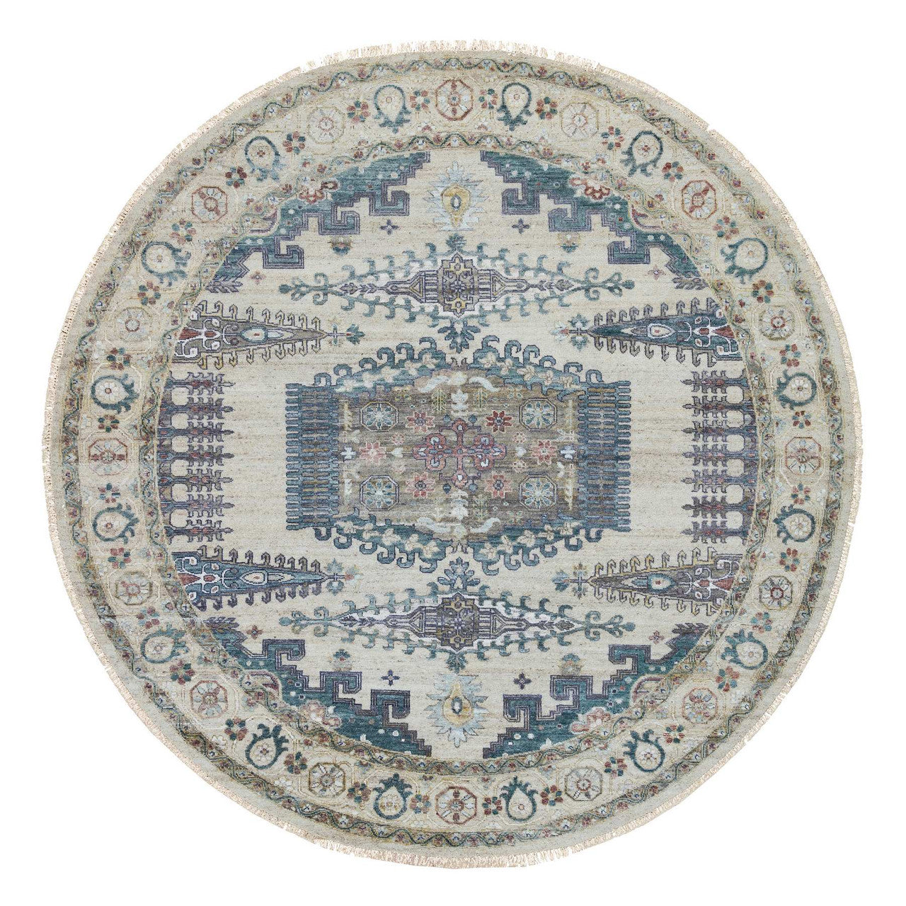 Ivory 9'9" x 9'9" Tribal & Geometric Hand knotted Wool Rug - Sku: O065636