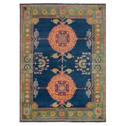 Khotan and Samarkand Wool Hand Knotted Rug Blue Green 10.1X14.1 -O065661