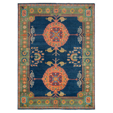 Khotan and Samarkand Wool Hand Knotted Rug Blue Green 10.1X14.1 -O065661