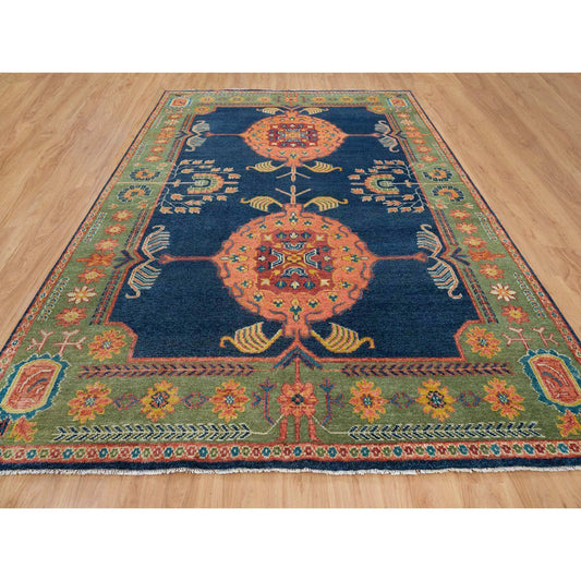 Khotan and Samarkand Wool Hand Knotted Rug Blue Green 10.1X14.1 -O065661