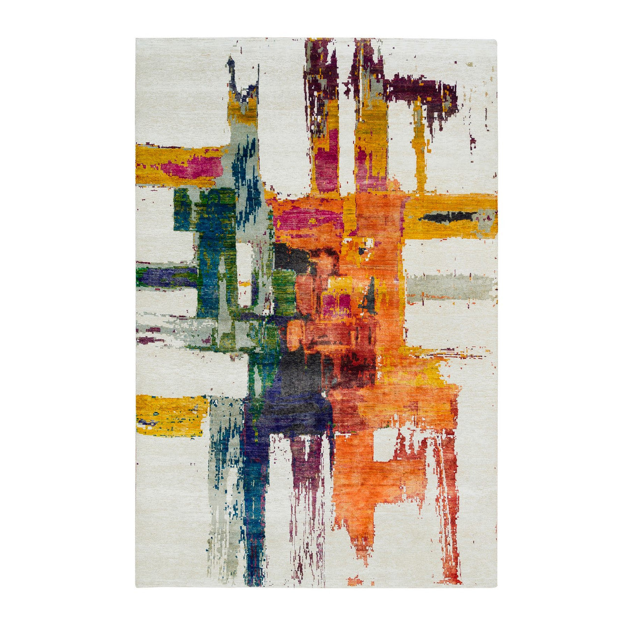 Ivory 5'10" x 9'1" Modern and Contemporary Multicolored Hand knotted Wool/Silk Rug - Sku: O065691