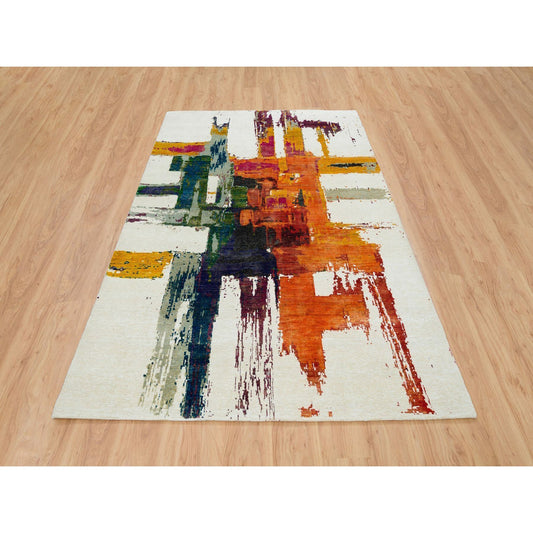 Modern and Contemporary Wool & Silk Hand Knotted Rug Multicolored No Border 5.10X9.1 -O065691