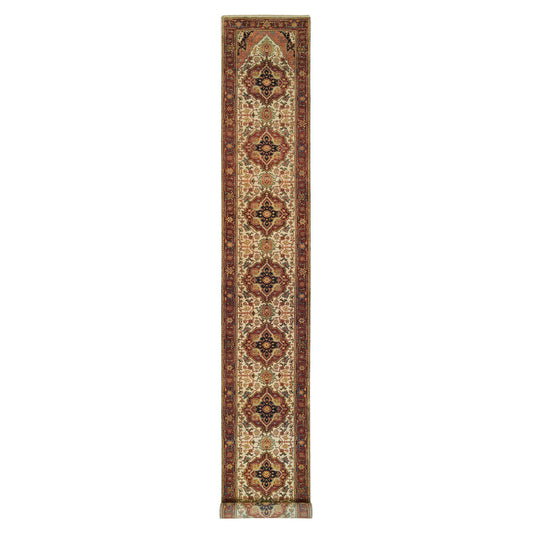 Heriz Wool Hand Knotted Rug Ivory Red 2.7X20.0 -O065709