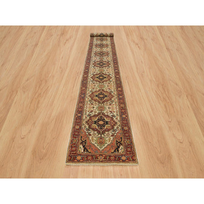 Heriz Wool Hand Knotted Rug Ivory Red 2.7X20.0 -O065709