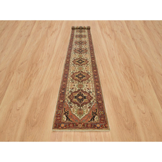 Heriz Wool Hand Knotted Rug Ivory Red 2.7X20.0 -O065709