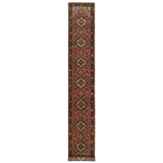 Heriz Wool Hand Knotted Rug Red Navy Blue 2.6X18.0 -O065712