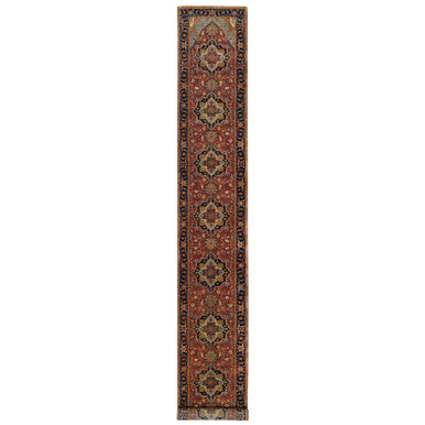 Heriz Wool Hand Knotted Rug Red Navy Blue 2.6X18.0 -O065712