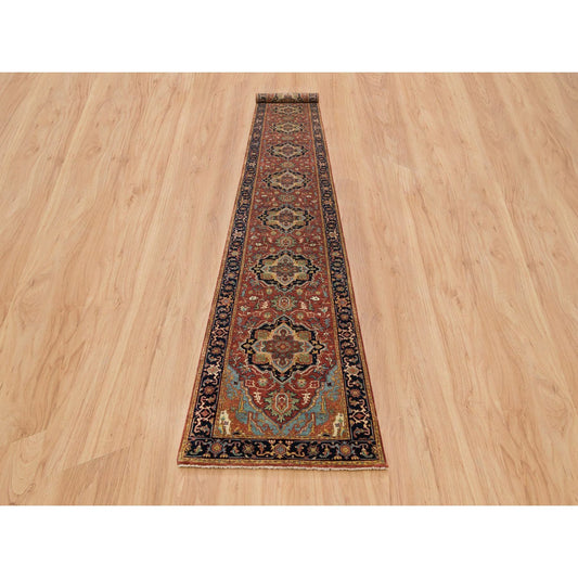 Heriz Wool Hand Knotted Rug Red Navy Blue 2.6X18.0 -O065712