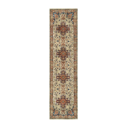 Heriz Wool Hand Knotted Rug Beige Dark Brown 2.7X10.3 -O065713