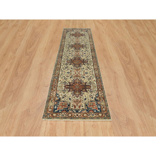 Heriz Wool Hand Knotted Rug Beige Dark Brown 2.7X10.3 -O065713