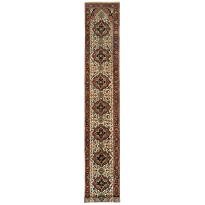 Heriz Wool Hand Knotted Rug Ivory Red 2.6X18.0 -O065714