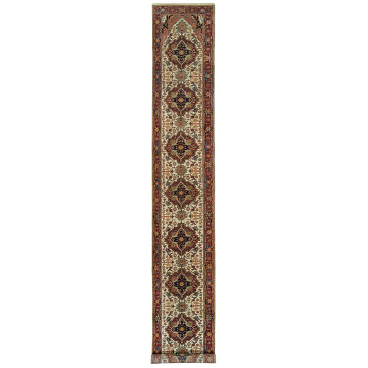 Heriz Wool Hand Knotted Rug Ivory Red 2.6X18.0 -O065714