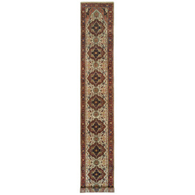 Heriz Wool Hand Knotted Rug Ivory Red 2.6X18.0 -O065714