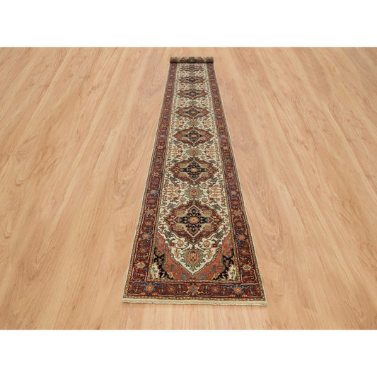 Heriz Wool Hand Knotted Rug Ivory Red 2.6X18.0 -O065714