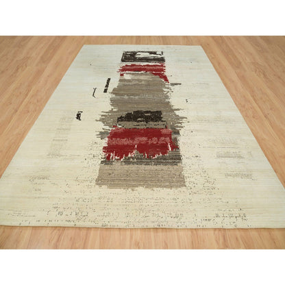 Modern and Contemporary Wool Hand Knotted Rug Ivory No Border 9.6X13.4 -O065771