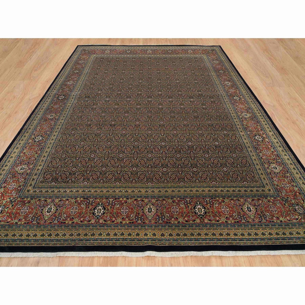 Fine Oriental Wool Hand Knotted Rug Black Brick Red 11.11X15.3 -O065791