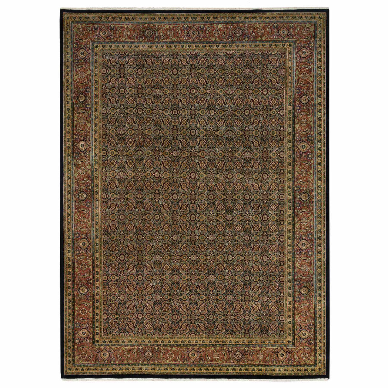 Fine Oriental Wool Hand Knotted Rug Black Vermilion Red 8.10X12.6 -O065794