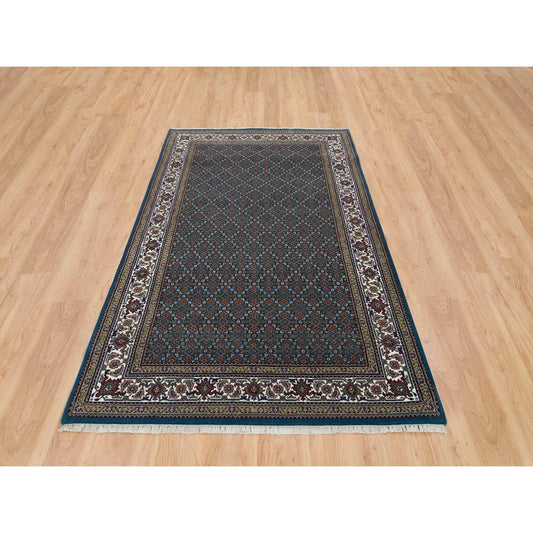 Fine Oriental Wool Hand Knotted Rug Blue Swan White 4.11X8.1 -O065795