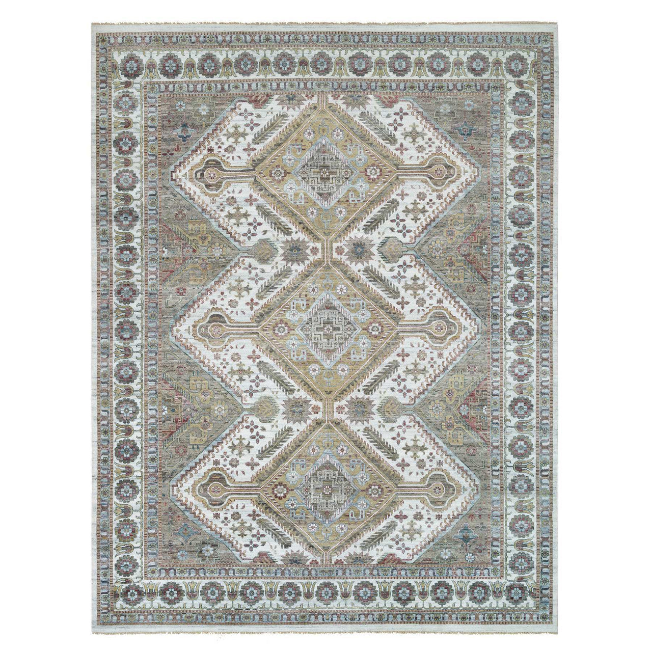 Ivory 13'8" x 17'9" Tribal & Geometric Pearl Hand knotted Wool Rug - Sku: O065817