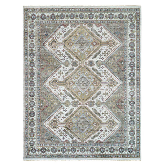Tribal & Geometric Wool Hand Knotted Rug Ivory Pearl White  13.8X17.9 -O065817