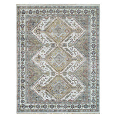 Tribal & Geometric Wool Hand Knotted Rug Ivory Pearl White  13.8X17.9 -O065817