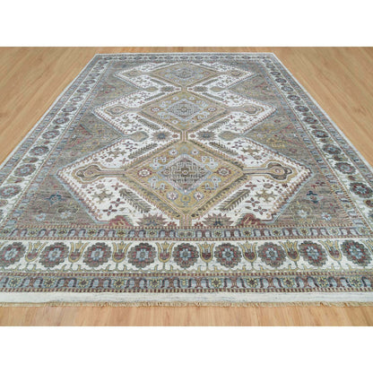 Tribal & Geometric Wool Hand Knotted Rug Ivory Pearl White  13.8X17.9 -O065817