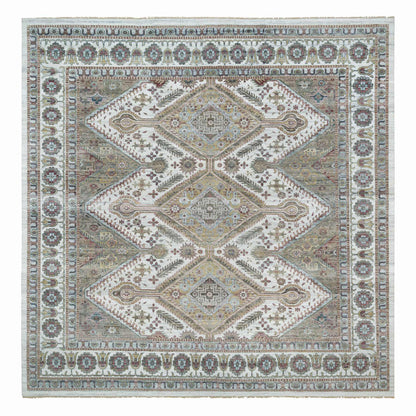 Tribal & Geometric Wool Hand Knotted Rug Ivory Smoky White 13.11X13.11 -O065819