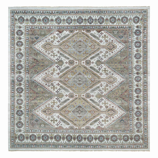Tribal & Geometric Wool Hand Knotted Rug Ivory Smoky White 13.11X13.11 -O065819