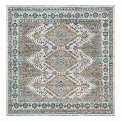 Tribal & Geometric Wool Hand Knotted Rug Ivory Smoky White 13.11X13.11 -O065819