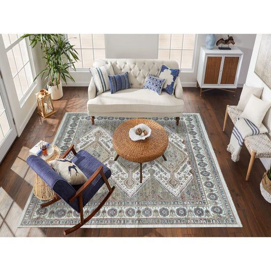 Tribal & Geometric Wool Hand Knotted Rug Ivory Smoky White 13.11X13.11 -O065819