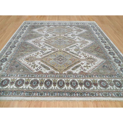 Tribal & Geometric Wool Hand Knotted Rug Ivory Smoky White 13.11X13.11 -O065819