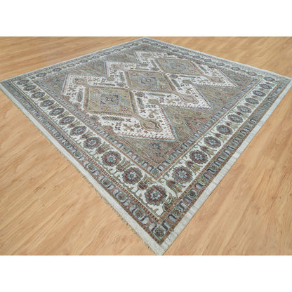 Tribal & Geometric Wool Hand Knotted Rug Ivory Smoky White 13.11X13.11 -O065819